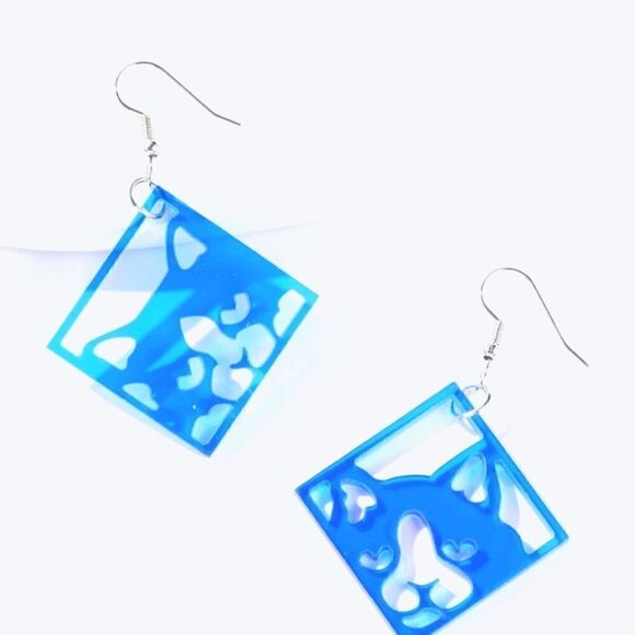 Kitty Cat Blue Black or Purple Square Geometric Dangling Hook Earrings - Picture 7 of 9